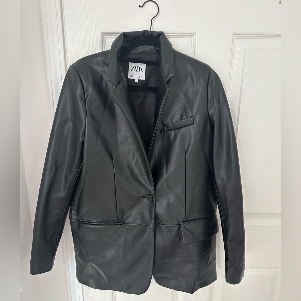 Zara Black Leather Double Breasted Blazer